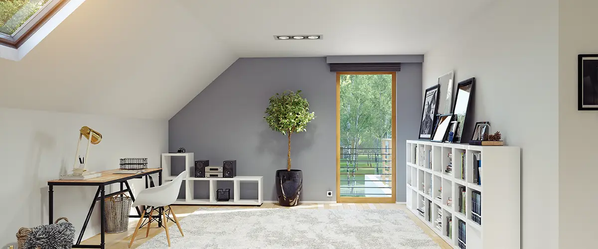 Bright attic home office with sleek desk, modern decor, and large skylight, creating a productive and airy workspace.