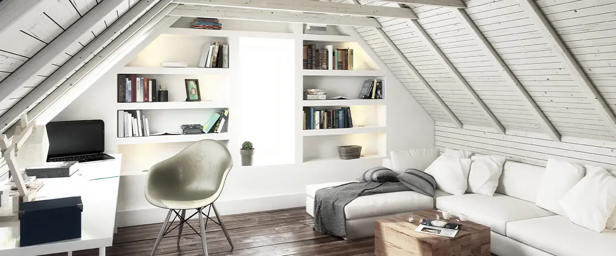 Bright attic living room with sloped ceilings, built-in bookshelves, modern workspace, and cozy white sectional sofa.