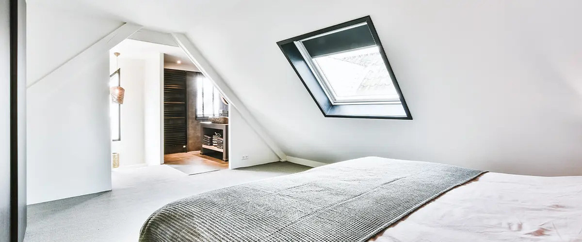 Modern attic bedroom design with natural light and unique skylight window, blending minimalism with cozy aesthetics.