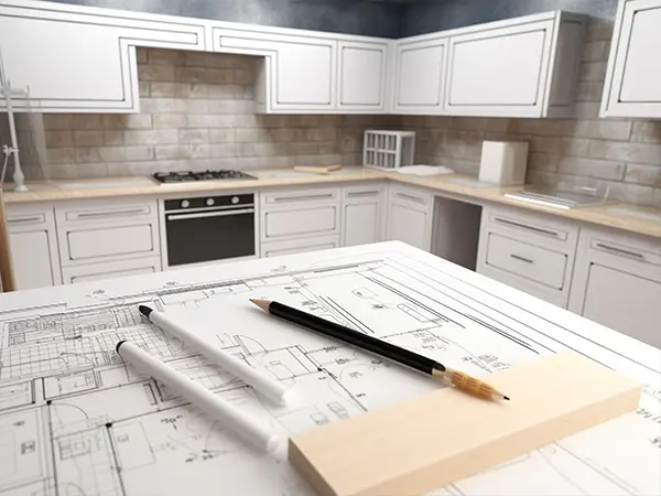 Detailed kitchen renovation blueprint with tools, showcasing modern design plans and layout for cabinets and appliances.