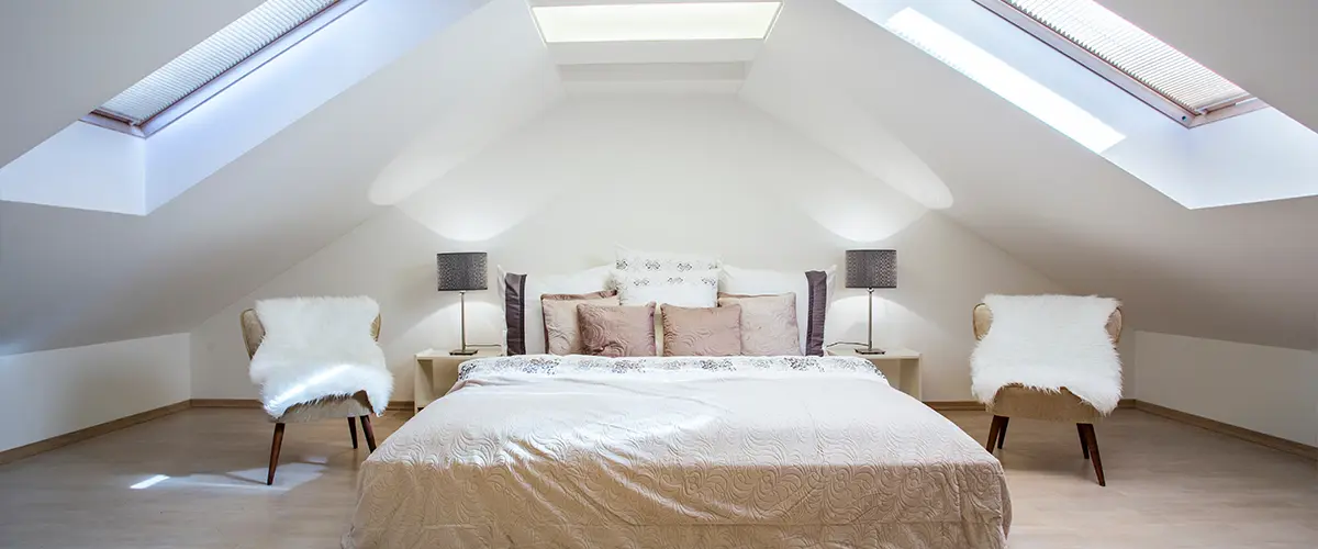 Cozy attic bedroom with natural light from skylights, soft bedding, and elegant decor creating a serene retreat.