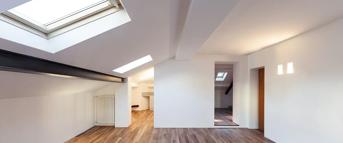 Modern attic space with wooden floors, skylights, and white walls creating a bright and spacious environment.