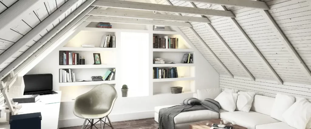 Modern attic reading nook with built-in bookshelves and a comfy chair.