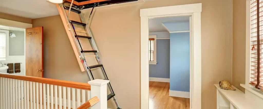 Fold-down attic ladder leading to an upper loft area.