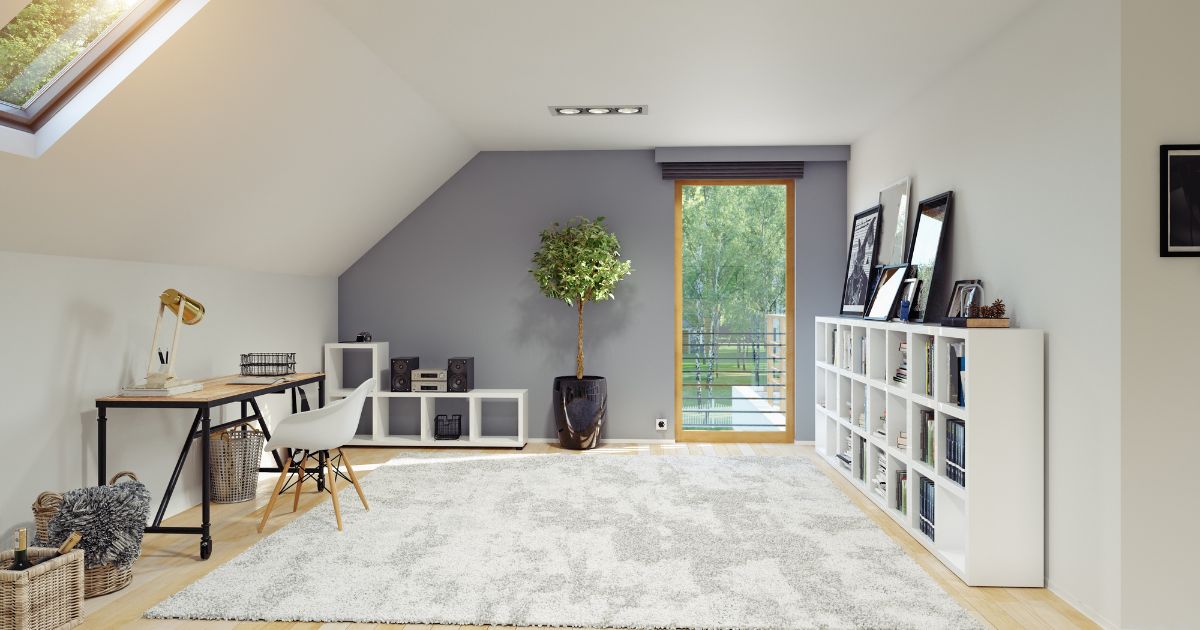 Attic space with modern decor, light rug, and indoor tree