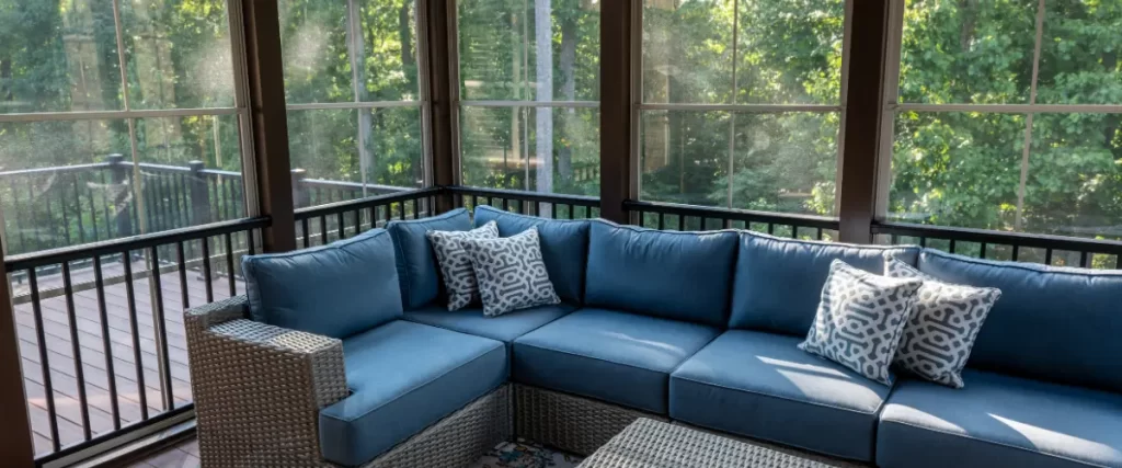 Screened-in porch with blue sectional sofa and wooded view