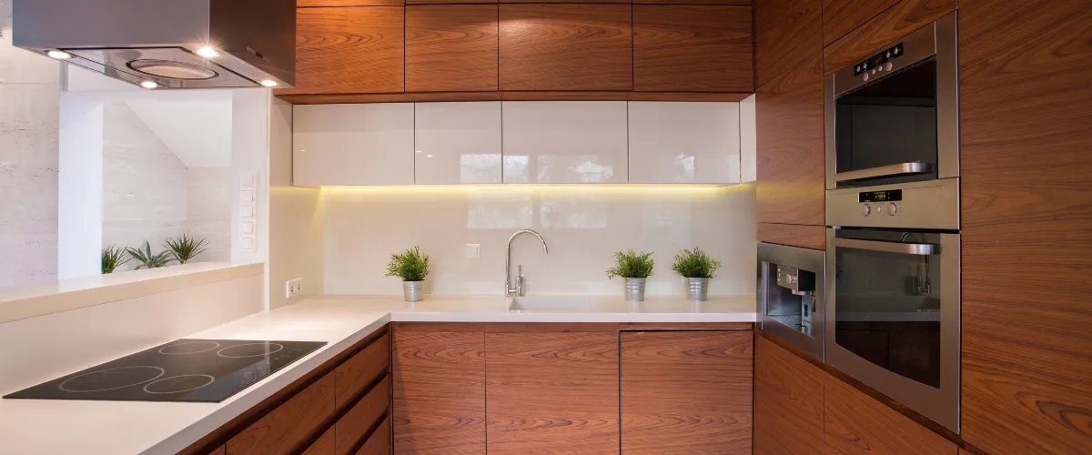 Modern kitchen with wood cabinetry and built-in appliances