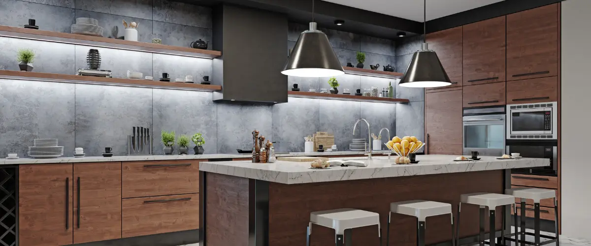 Contemporary kitchen with marble island and open shelving